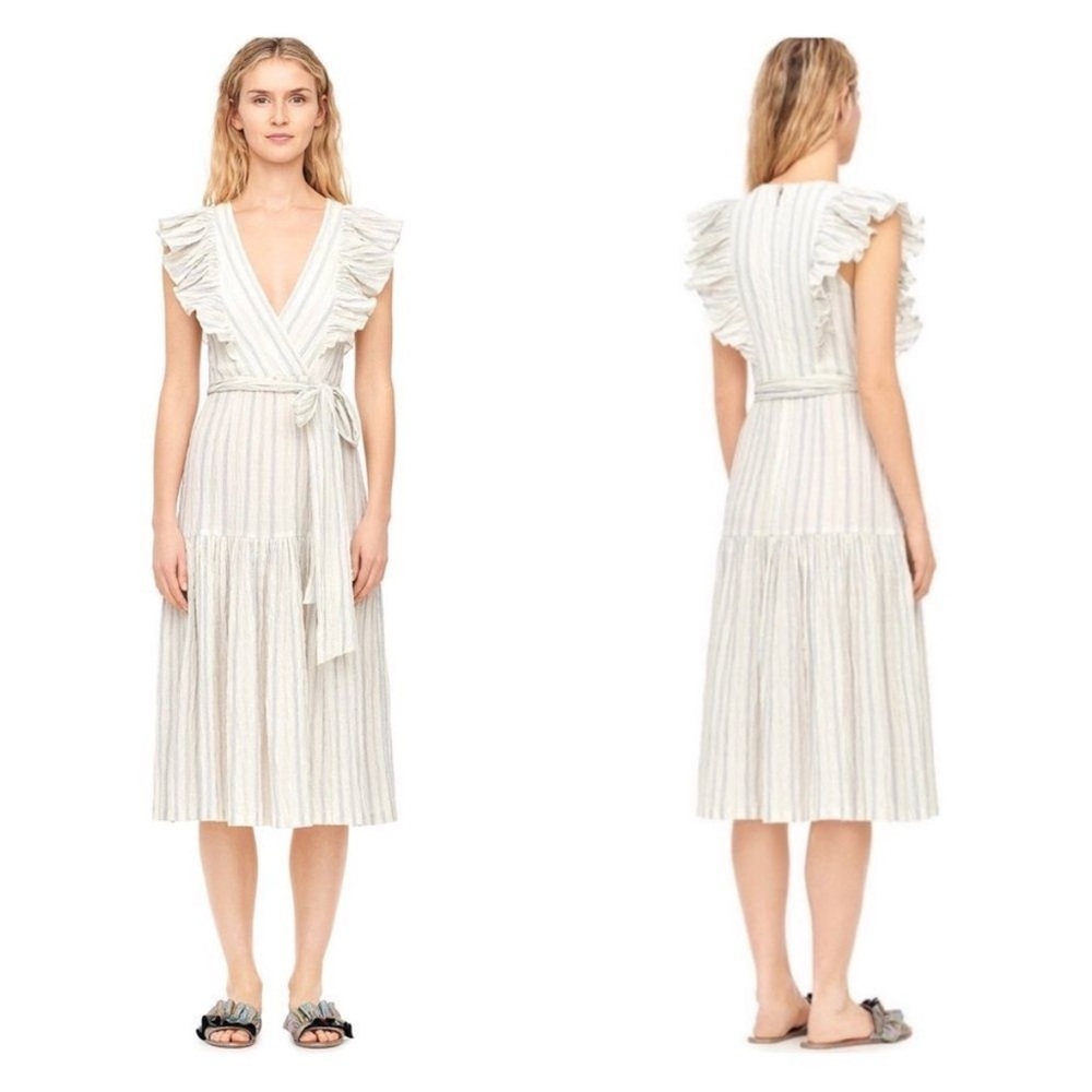 Rebecca Taylor Yarn Dye Ruffle Sleeveless Blue Striped Dress 4 midi Easter